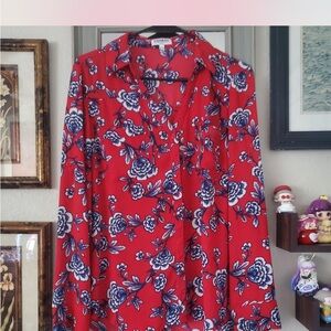 Express Vibrant Red Shirt with Blue Floral Pattern